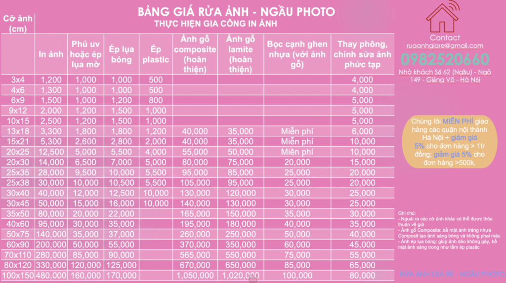 bang gia rua anh 5 bảng giá in ảnh