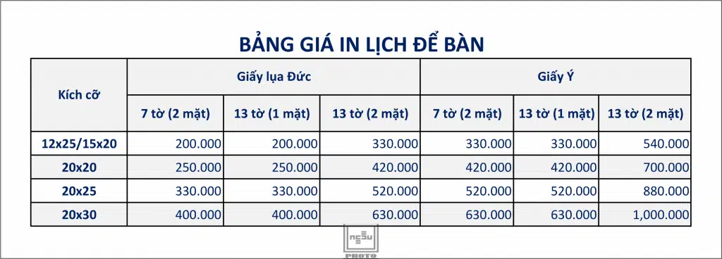 Bảng giá in ảnh lịch tết 2019