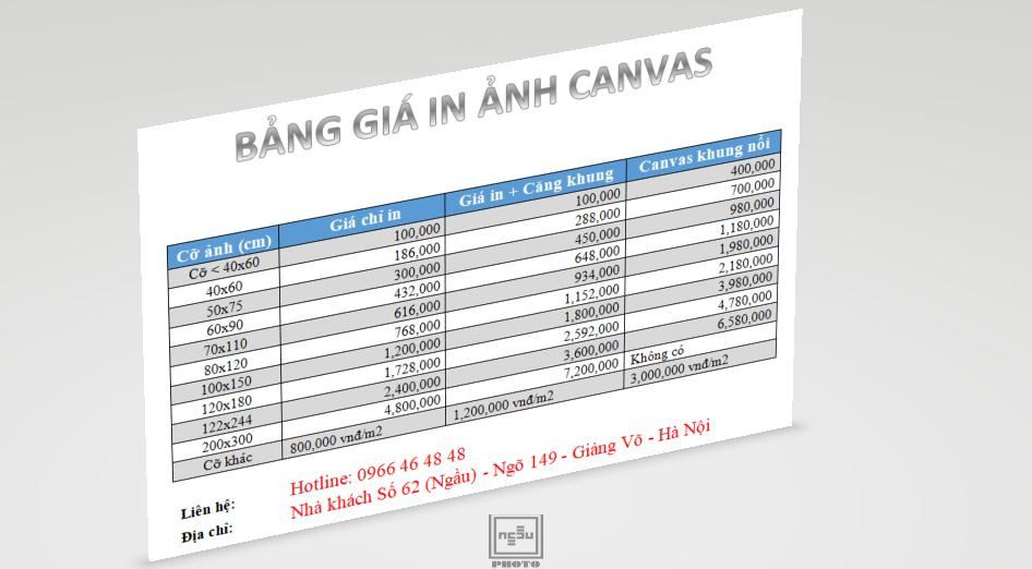 Bảng giá in ảnh canvas (in ảnh trên vải) 2022
