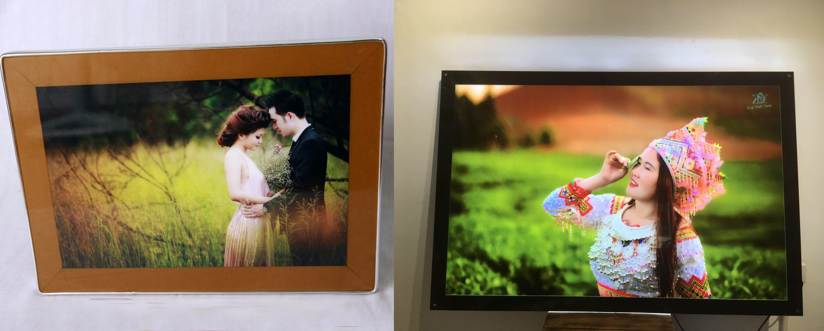 So sánh ảnh mica và ảnh tráng gương qua bề mặt hoàn thiện